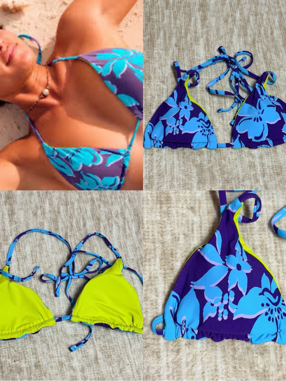 Roxy Island Time Reversible Mini Tiki Triangle Bikini Top XS NWT Purple Floral